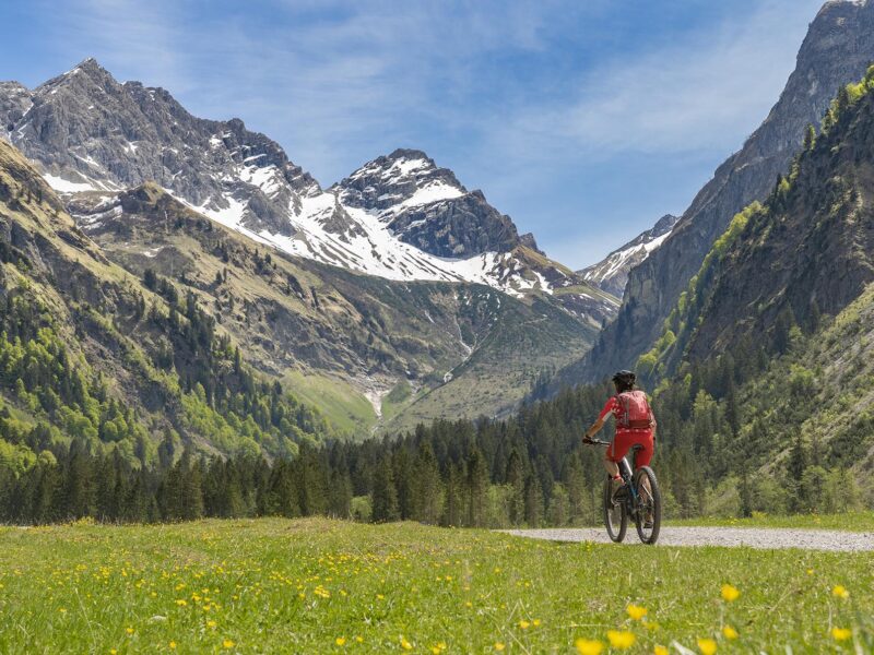 Fahrradfahrer fährt durch die Schweizer Alpen und genießt das Bergpanorama