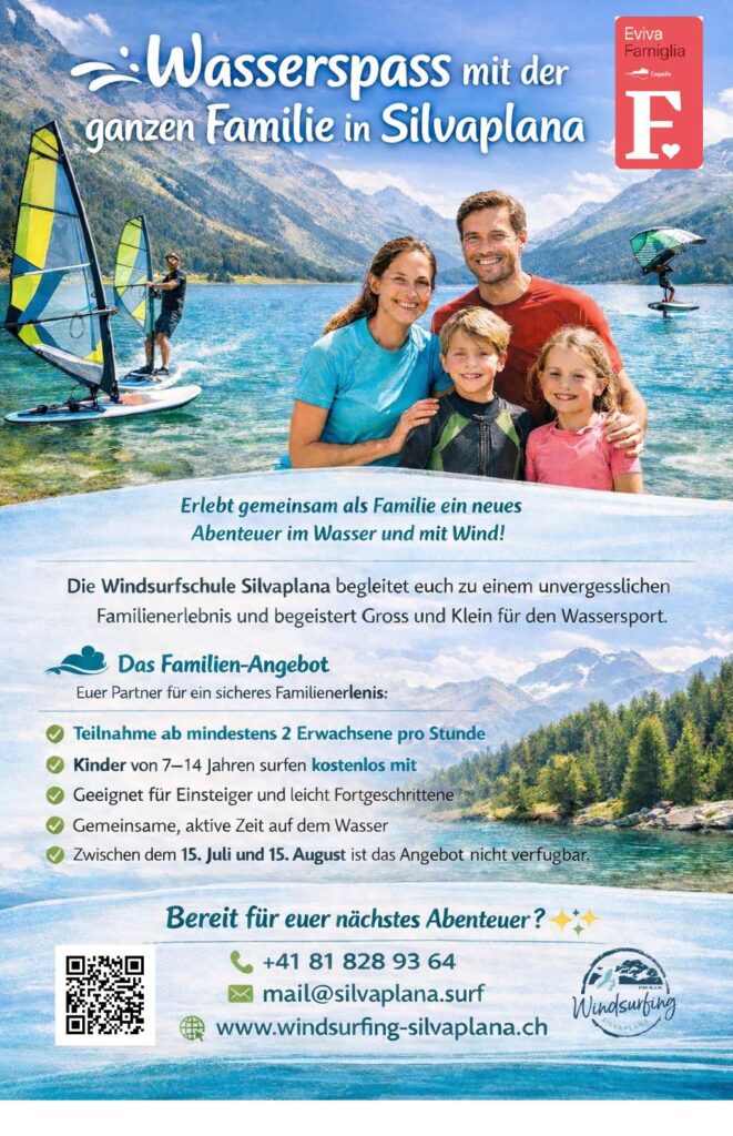 Die Region rund um den Silvaplanersee, einer der schönsten Orte für Wassersport für die ganze Familie im Oberengadin