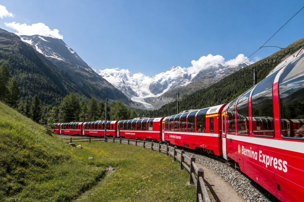 Der rote Bernina Express schlängelt sich durch die beeindruckende Berglandschaft der Schweizer Alpen. Umgeben von grünen Wiesen, dichten Wäldern und schneebedeckten Gipfeln genießt der Panoramazug eine traumhafte Fahrt unter strahlend blauem Himmel.