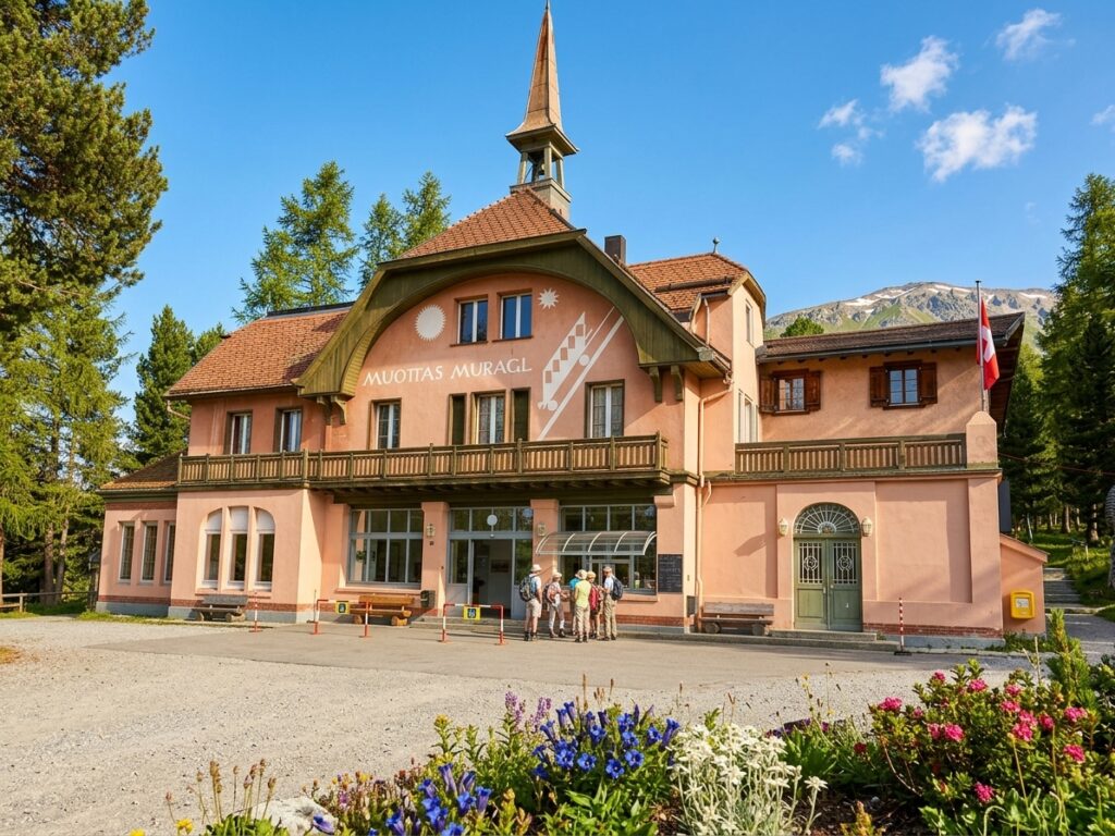 Historische Rosa-Fachwerk-Talstation der Muottas Muragl Standseilbahn mit Holzbalkon und Glockentürmchen im Engadin.